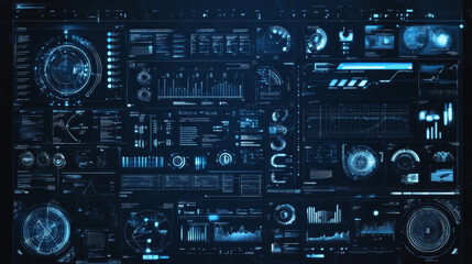A comprehensive and visually striking illustration showcasing a mega pack set of HUD (Heads-Up Display) elements designed for a futuristic blue user interface.