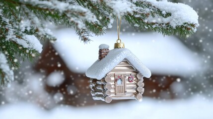 Fototapeta premium A snowy cabin ornament hanging from a tree branch in winter.