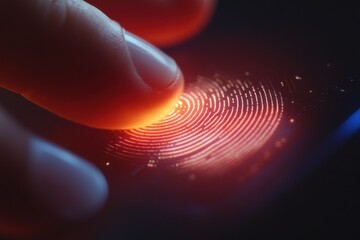 A close-up of a finger gently pressing on a smartphone fingerprint scanner in low light