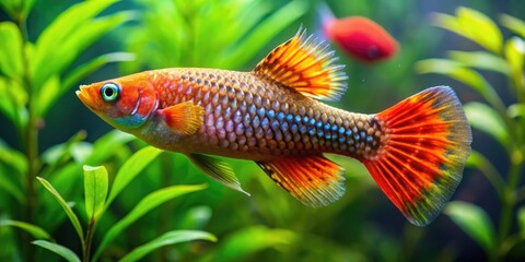 Vibrant Common Molly Fish Swimming Gracefully in a Freshwater Aquarium Setting with Lush Green Plants