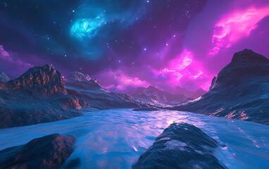 Fototapeta premium Wide-angle fantasy landscape, vibrant colors blend with innovative neon lighting, enchanting atmosphere, dreamlike quality, surreal horizons