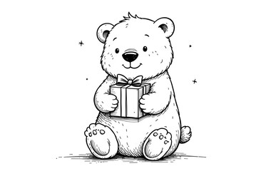 Coloring page, cute little bear sitting, holding a gift box in his hands. Linear black and white drawing on a white background