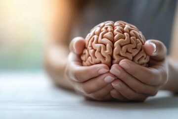 Close-up of hands gently squeezing a realistic brain model, symbolizing mental health awareness