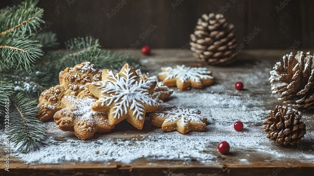 Poster A table featuring cookie icing, pinecone, 