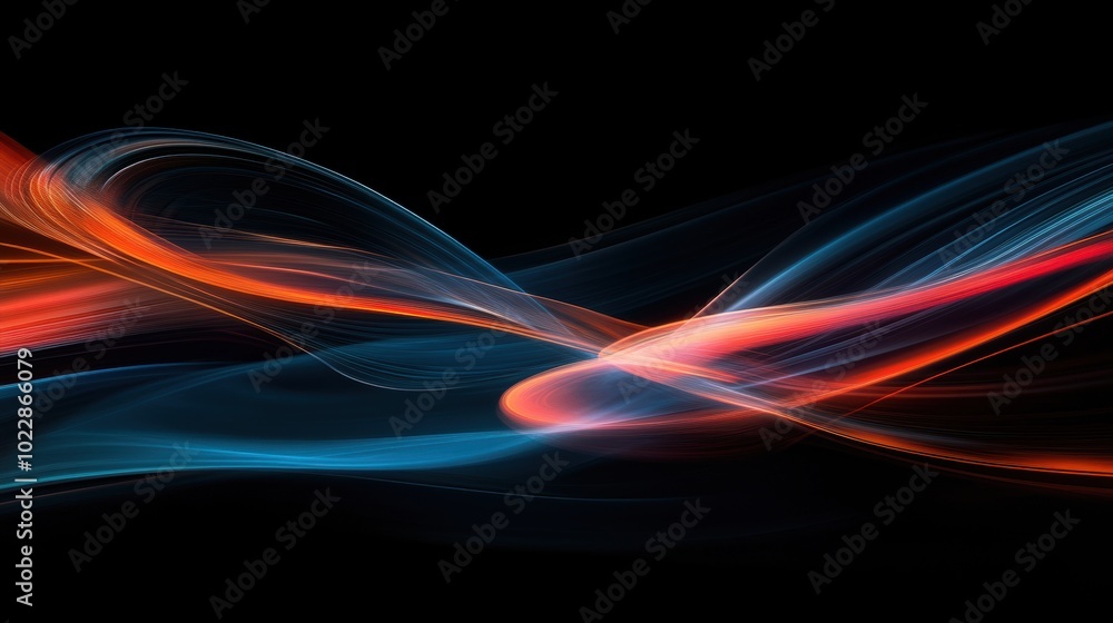 Poster abstract light wave motion on black background. dynamic flow of red and blue colors