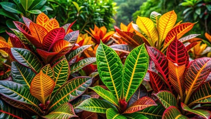 Obraz premium Vibrant Croton Plants Displaying Colorful Leaves in a Lush Green Garden Setting Under Natural Light