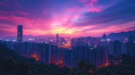 Fototapeta premium Cityscape with Purple Sunset