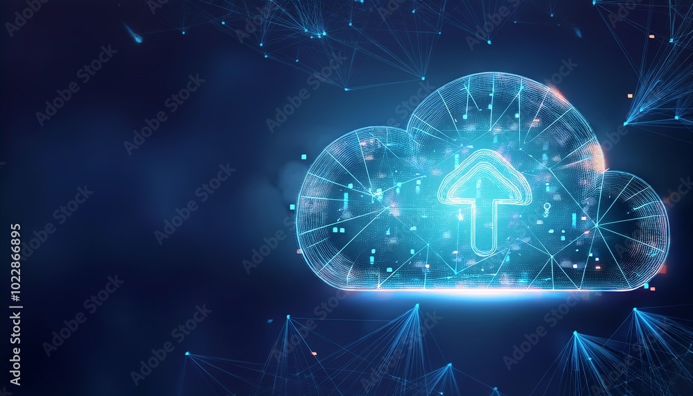 Poster a glowing digital cloud symbolizing data storage and upload, surrounded by a network of interconnect
