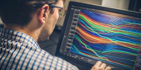 Close-up of a mechanical engineer analyzing fluid flow simulations on a computer screen with colorful flow lines visible




