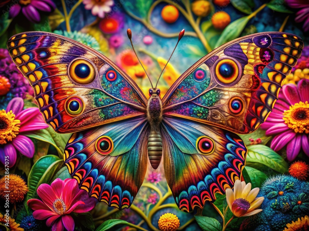 Poster vibrant digital butterfly design with colorful patterns and intricate details for creative projects