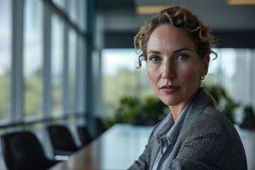 Obraz premium Determined professional woman in a modern office with a reflective look.