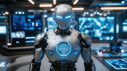 Fototapeta premium A futuristic humanoid robot with glowing features in a high-tech environment.