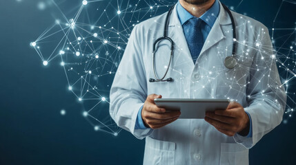 A striking illustration featuring a man in a professional uniform, confidently standing while holding a tablet that displays advanced medical technology. 