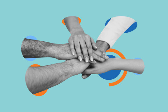 Composite trend artwork sketch image photo collage of hand wrist sleeve appear hole gesture unity together cooperation relationship group