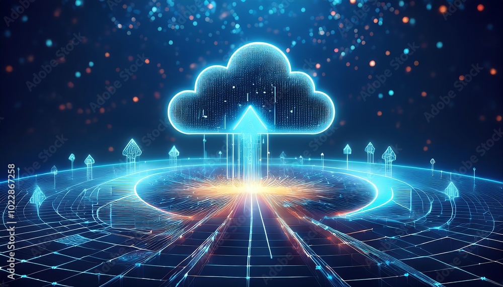 Aufkleber a futuristic digital cloud concept with data streams and neon elements, showcasing cloud computing a