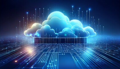A digital representation of a cloud surrounded by flowing data streams, symbolizing cloud computing and advanced technology in a vibrant, futuristic style.