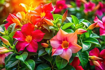 Fototapeta premium Vibrant Dipladenia Blooms in Full Sunlight Showcasing Colorful Petals and Lush Green Foliage