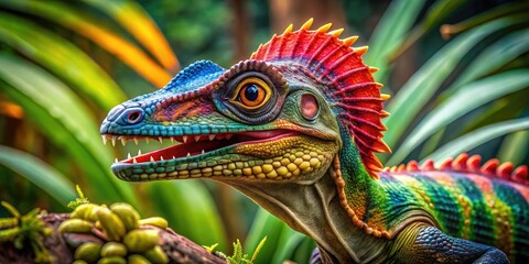 Obraz premium Vibrant Dilophosaurus Lizard with Distinctive Frills and Bright Colors in a Natural Habitat Setting