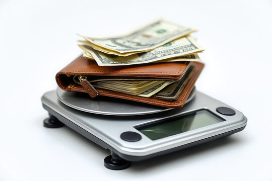 A wallet full of cash on an electronic weighing scale, isolated on white background. Concept of net worth, measuring financial wealth, value of money, inflation, buying power, thrifty spending.