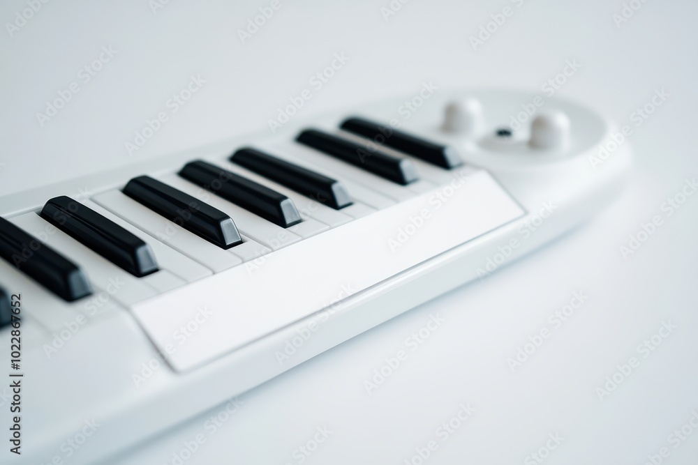 Poster a white keyboard with black keys sits on a background