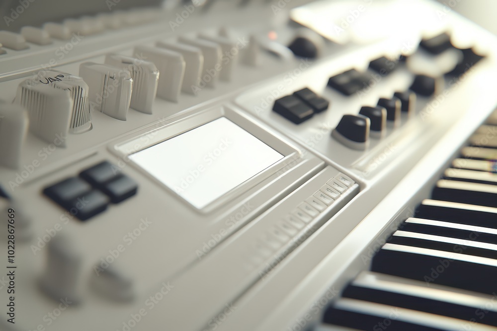 Poster a white keyboard with black keys sits on a background