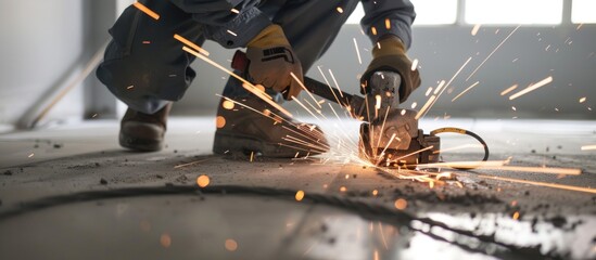 Construction Worker Cutting Metal with Sparks