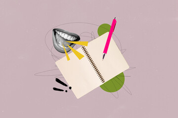Composite trend artwork sketch image photo collage of young woman mouth lips rumor author dictation...