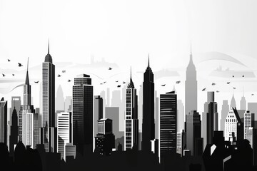 Naklejka premium The skyline showcases various skyscrapers in a silhouette format against a light background, with birds soaring in the air during twilight hours.