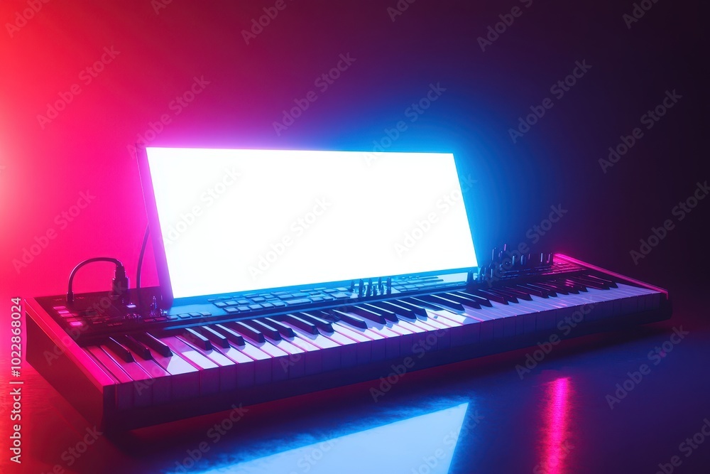 Poster a keyboard is on a table with a white screen in front of it