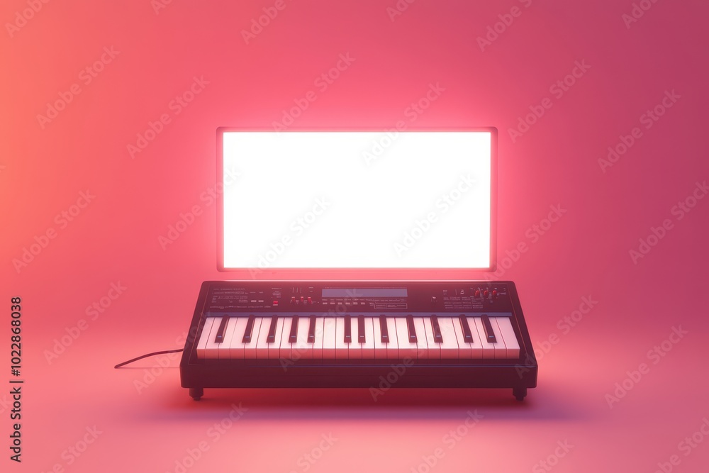 Poster a keyboard is on a table with a white screen in front of it
