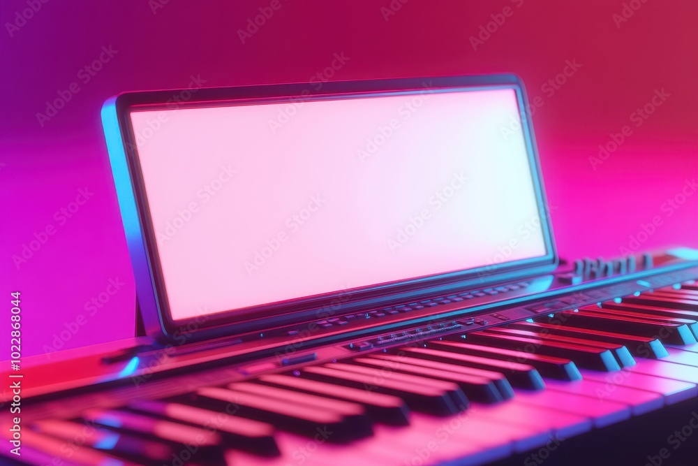 Poster a keyboard is on a table with a white screen in front of it