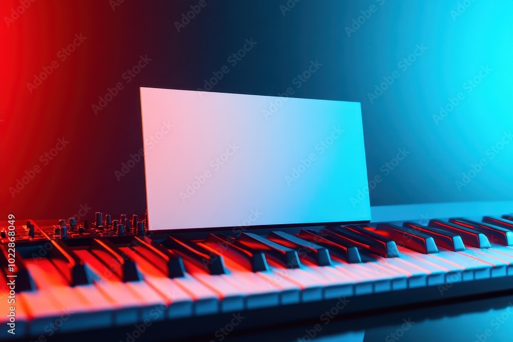 Poster a keyboard is on a table with a white screen in front of it