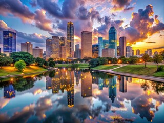 Fototapeta premium Vibrant Downtown Houston Skyline at Dusk with City Lights and Cloudy Evening Sky Reflections