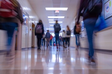 Fototapeta premium A group of students hurries through a bustling school hallway, chatting and carrying backpacks while transitioning between classes on a bright day.