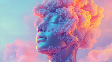 A mesmerizing 3D illustration depicting a human head enveloped in colorful fractal clouds, representing the themes of art, psychology, creativity, imagination, and dreams.