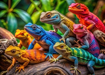 Obraz premium Vibrant Exotic Lizards Displaying Unique Colors and Patterns in Their Natural Tropical Habitat