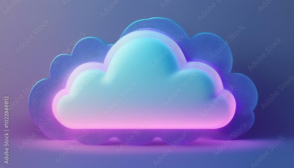 Poster a stylized cloud icon illuminated with a soft glow, featuring a gradient of colors and a futuristic 