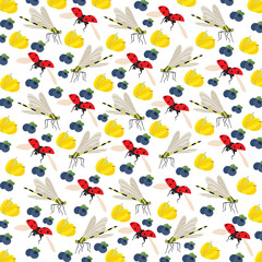 ladybug, dragonfly with fruit as a pattern background
