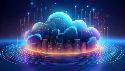 A futuristic depiction of cloud technology, showcasing vibrant cityscapes and digital patterns, symbolizing innovation and connectivity in a virtual environment.