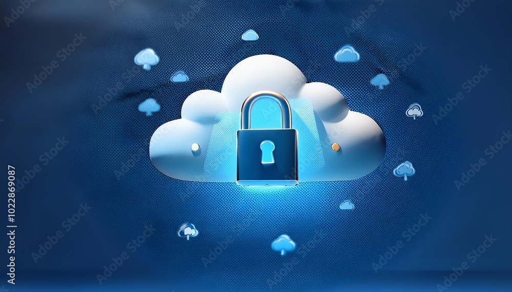 Poster a digital cloud with a padlock symbolizing secure cloud storage and data protection in a modern tech