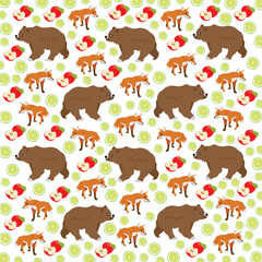 fox, bear with fruit as a pattern background