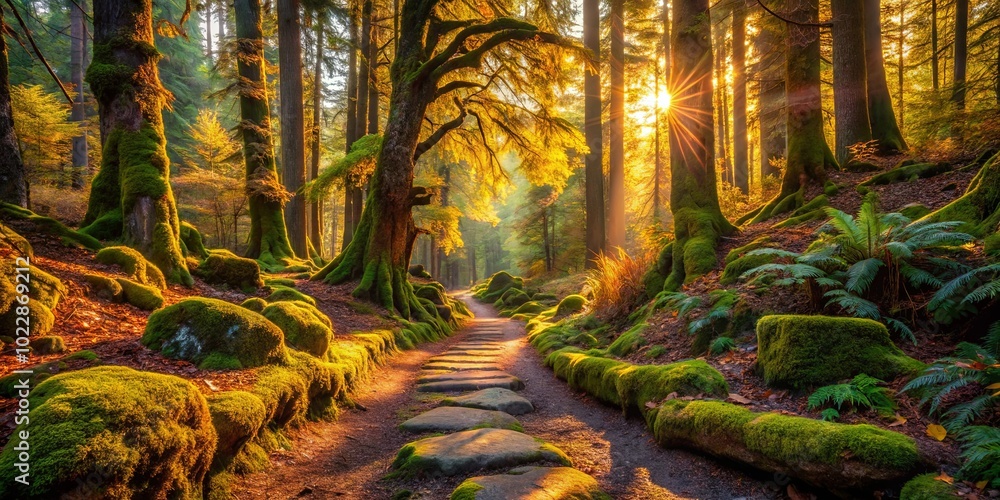 Sticker A Sunlit Path Through a Mossy Forest, Where Golden Rays Dappled the Stone Steps and Lush Ferns Flourished