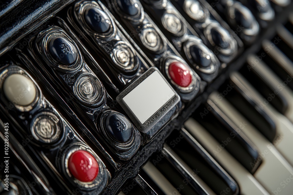 Poster a close up of a keyboard with many buttons and a white button in the middle