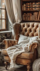 Cozy home library featuring well organized books and a comfortable reading chair