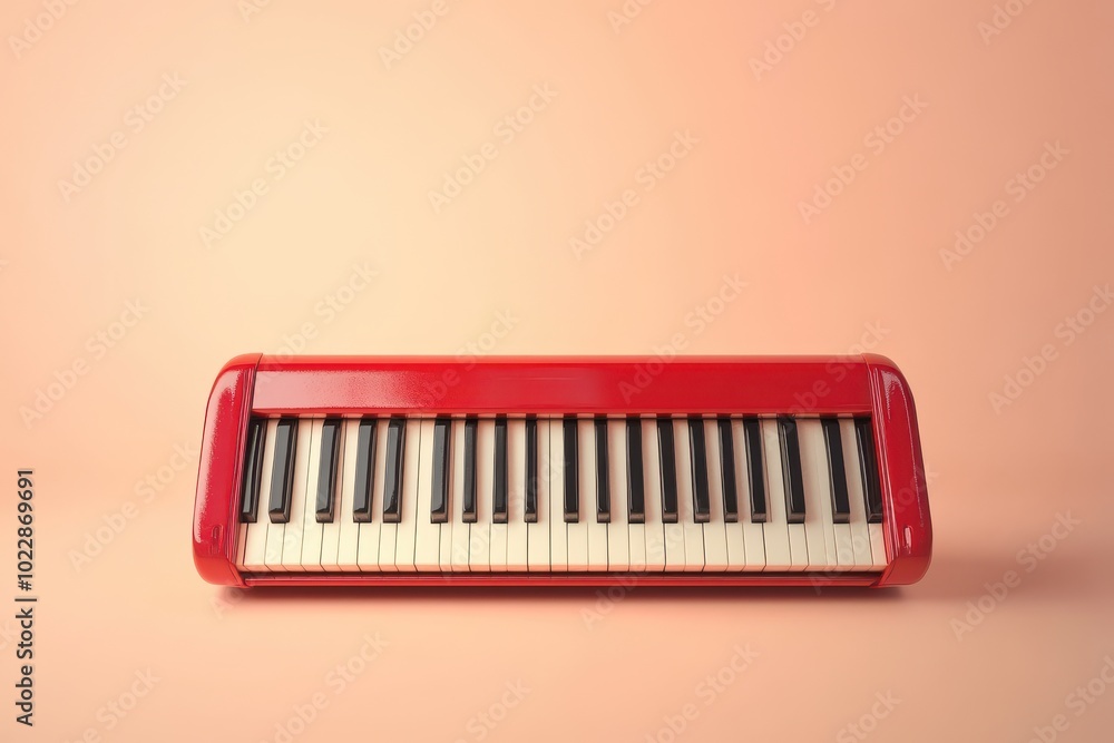 Poster a red keyboard with black keys sits on a tan background