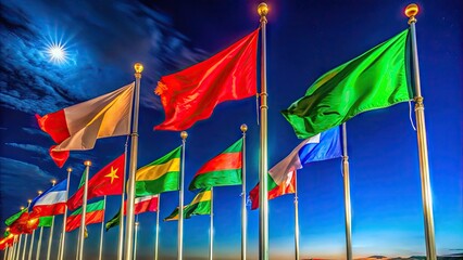 Vibrant Flags in Red, Green, and Blue Colors Flapping Against a Clear Blue Sky Background