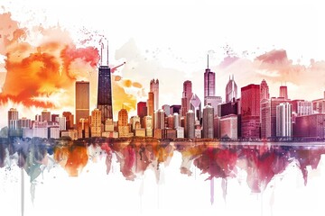 The skyline of Chicago is illuminated by a stunning sunset, casting vivid colors across the buildings and reflecting along the waterfront, highlighting the city's unique architecture.