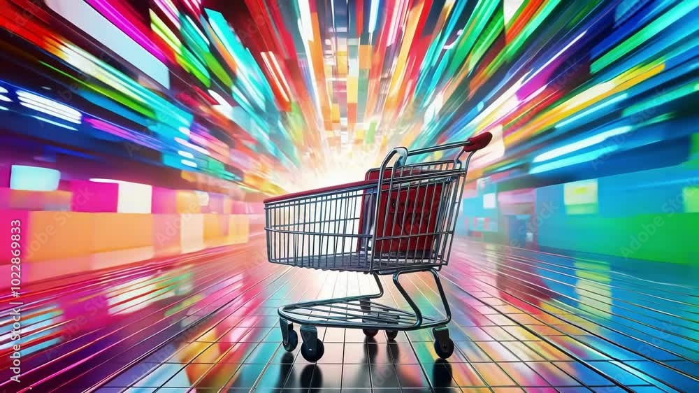 Poster empty shopping cart moving fast through an abstract store with colorful shelves, representing the co