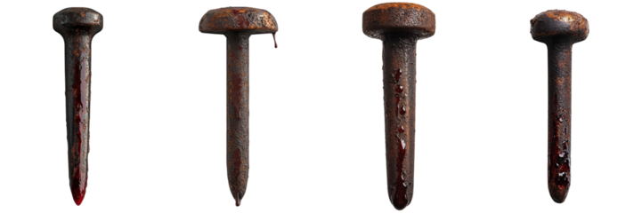 Old nail covered in rust and red blood isolated