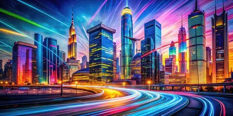 Obraz premium Vibrant Flash Sketch of a Modern Cityscape with Abstract Shapes and Dynamic Lines in Motion